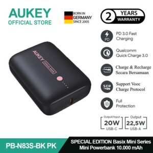 AUKEY Powerbank 10000mah PB-N83S Black VOOC USB C 22.5W PD 3.0 Slim - BlackPink